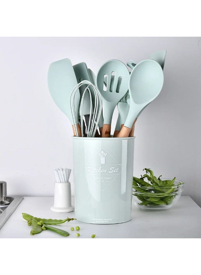 12-piece silicone serving set with holder – Stylish design with heat-resistant wooden handle for perfect kitchen organization. - Image 1
