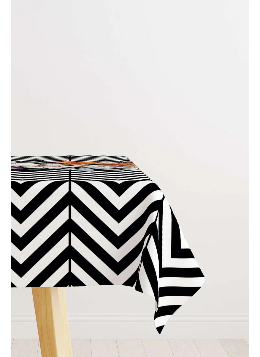 Cango Home Black and White Floral Zigzag Patterned Digital Printed Tablecloth OTYK524-MS