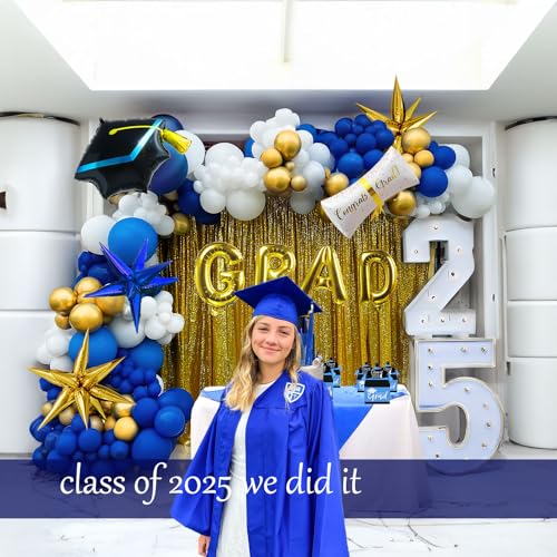 kozee 120PCS Graduation Balloon Garland Arch Kit with Graduation Cap Certificate Letter Star Mylar Foil Balloons for Class of 2025 Grad Prom Decorations Supplies (Blue Gold White) - Image 3