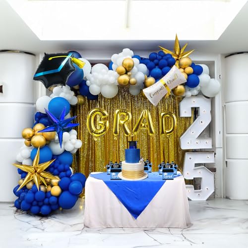kozee 120PCS Graduation Balloon Garland Arch Kit with Graduation Cap Certificate Letter Star Mylar Foil Balloons for Class of 2025 Grad Prom Decorations Supplies (Blue Gold White) - Image 1