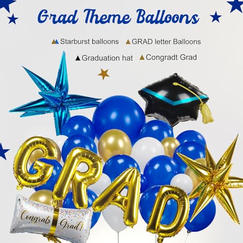 kozee 120PCS Graduation Balloon Garland Arch Kit with Graduation Cap Certificate Letter Star Mylar Foil Balloons for Class of 2025 Grad Prom Decorations Supplies (Blue Gold White) - Image 4