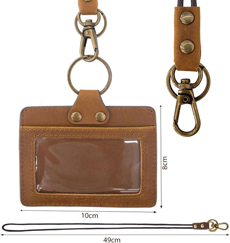 boshiho Badge Holder: Cowhide Leather ID Badge Card Holder with Neck Lanyard, Vertical Style Credit Card Holders for Office Students Business (Dark Brown1) - Image 2