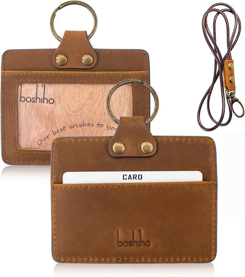 boshiho Badge Holder: Cowhide Leather ID Badge Card Holder with Neck Lanyard, Vertical Style Credit Card Holders for Office Students Business (Dark Brown1) - Image 3