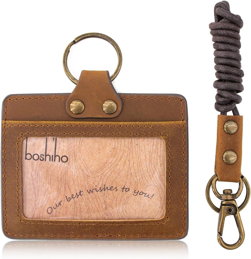 boshiho Badge Holder: Cowhide Leather ID Badge Card Holder with Neck Lanyard, Vertical Style Credit Card Holders for Office Students Business (Dark Brown1) - Image 1