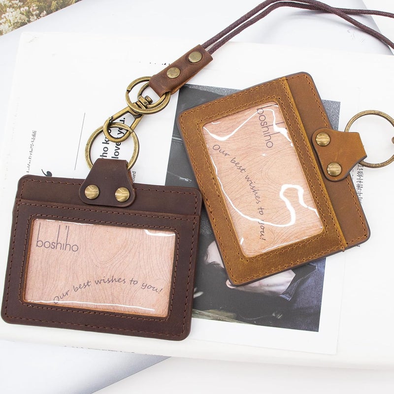 boshiho Badge Holder: Cowhide Leather ID Badge Card Holder with Neck Lanyard, Vertical Style Credit Card Holders for Office Students Business (Dark Brown1) - Image 5