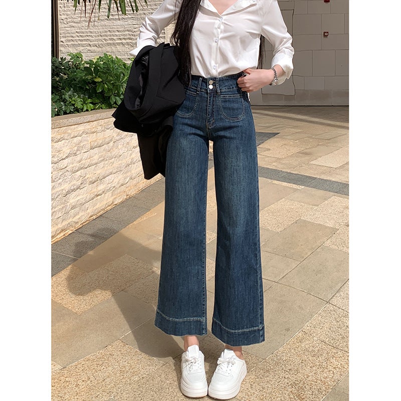 Design Double-Button High-Waisted Straight-Leg Jeans for Women,Autumn Style,Petite Casual Versatile Cropped Pants