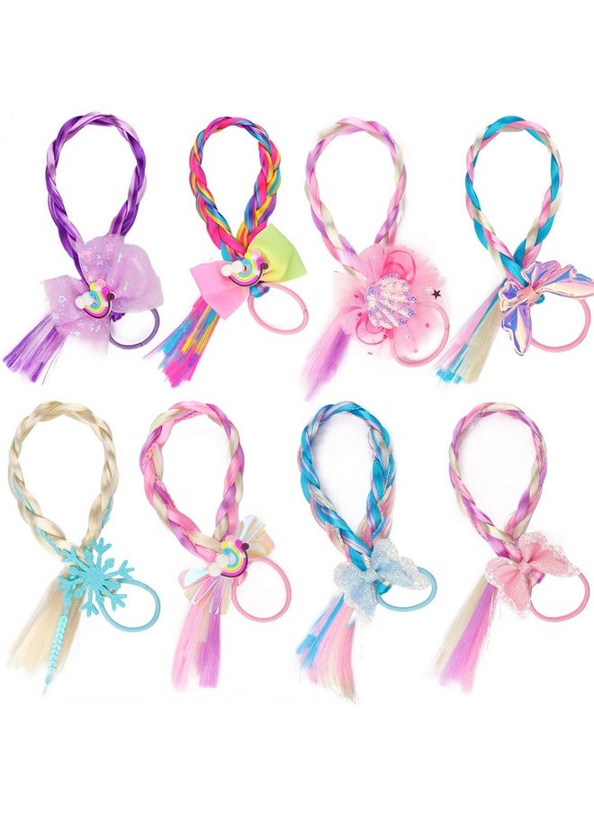 Messen 8 Pieces Colored Braids Hair Extensions With Rubber Bands Ponytails Hair Bows Rainbow Color Synthetic Hairpieces Glitter Braided Hair Extensions For Women Kids Girls Party Highlights Cosplay Dress Up  - Image 4