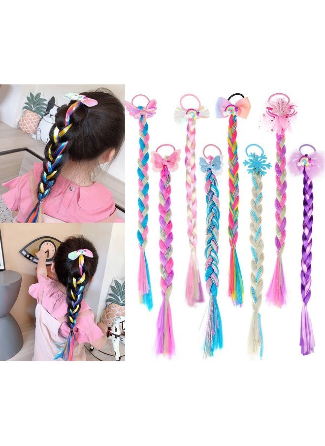 Messen 8 Pieces Colored Braids Hair Extensions With Rubber Bands Ponytails Hair Bows Rainbow Color Synthetic Hairpieces Glitter Braided Hair Extensions For Women Kids Girls Party Highlights Cosplay Dress Up  - Image 2