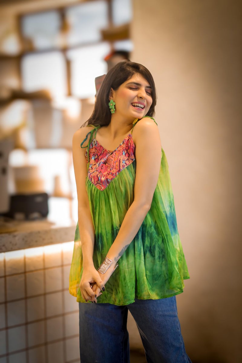EthnicJunction Women's Georgette Shoulder Knot Flared Short Kurti Green - Image 5