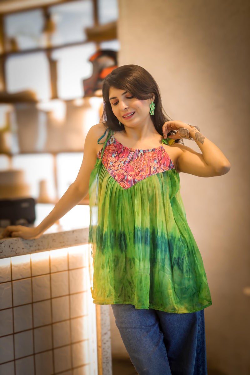 EthnicJunction Women's Georgette Shoulder Knot Flared Short Kurti Green - Image 2