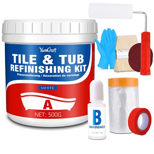 YumCraft Tub and Tile Refinishing Kit, 17oz/500g Tile Paint with Tools and Hardener - Semi-Gloss White Bathtub Paint for Bathroom, Countertop, Wash Basin, Kitchen, Porcelain, Floor, Easy to Use, 25-30sq.ft - Image 1