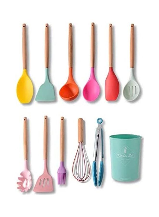 نيبمينينت 11-Piece Silicone Wooden Handle Kitchen Utensil Set With Holder Multicolour One Size - Image 1