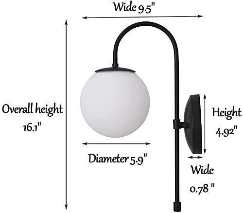 Homenique 40Watts Frosted Glass Globe Shade Wall Sconce Contemporary Wall Mounted Light Fixture Lamp Without Bulb Black - Image 2