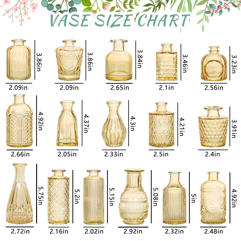 SUPMIND 16Pcs Glass Bud Vase Set, Small Flower Vases in Bulk for Centerpieces, Mini Vintage Amber Vase for Wedding, Home Decor, Table Decoration - Gold Amber - Image 2