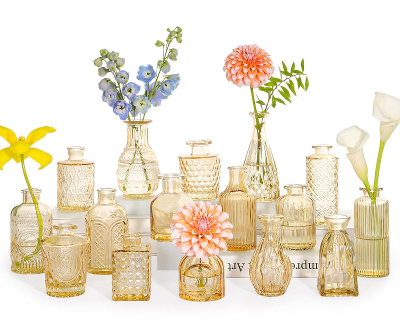 SUPMIND 16Pcs Glass Bud Vase Set, Small Flower Vases in Bulk for Centerpieces, Mini Vintage Amber Vase for Wedding, Home Decor, Table Decoration - Gold Amber - Image 1