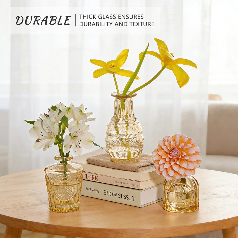 SUPMIND 16Pcs Glass Bud Vase Set, Small Flower Vases in Bulk for Centerpieces, Mini Vintage Amber Vase for Wedding, Home Decor, Table Decoration - Gold Amber - Image 4