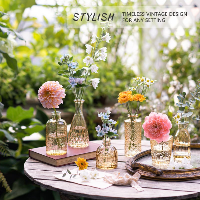 SUPMIND 16Pcs Glass Bud Vase Set, Small Flower Vases in Bulk for Centerpieces, Mini Vintage Amber Vase for Wedding, Home Decor, Table Decoration - Gold Amber - Image 5