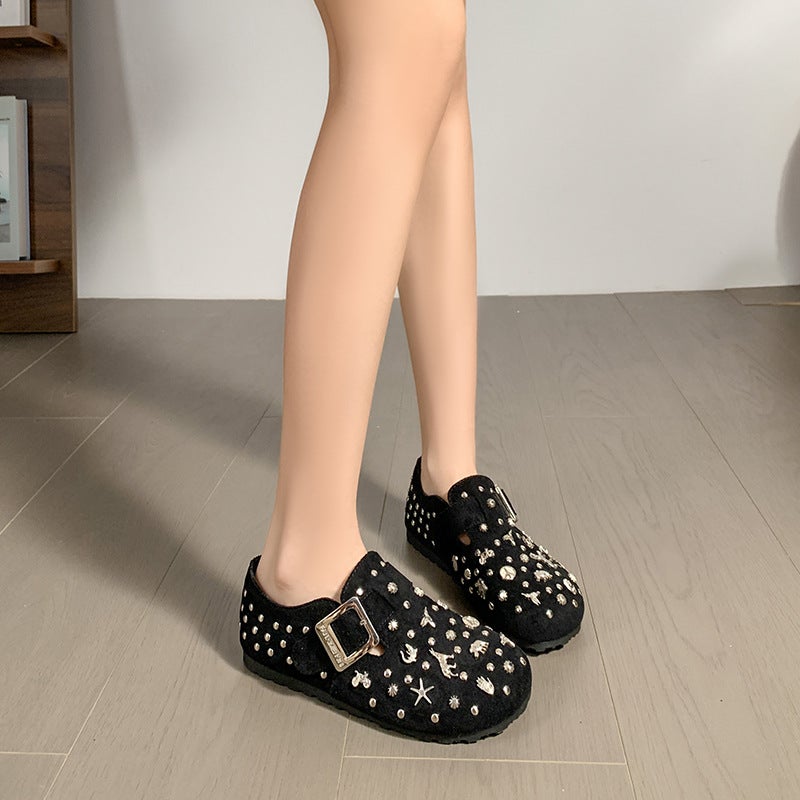 7311-5 Genuine Leather Rhinestone Outdoor New Style Thick-Soled Fleece-Lined Birkenstock Shoes Full-Wrap Lazy Birkenstock Shoes Studded - Image 4