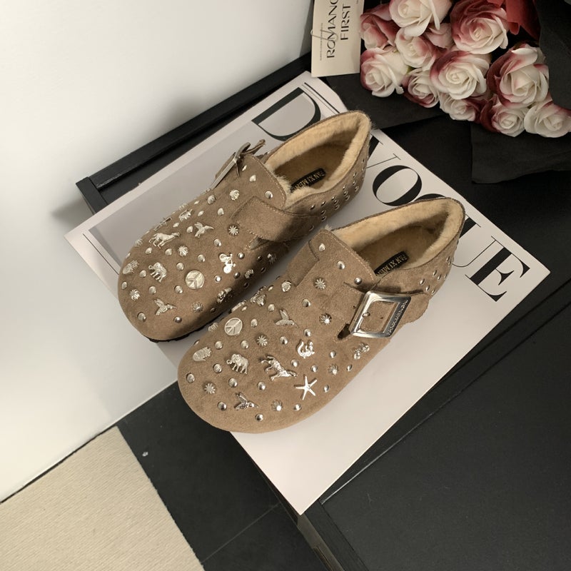 7311-5 Genuine Leather Rhinestone Outdoor New Style Thick-Soled Fleece-Lined Birkenstock Shoes Full-Wrap Lazy Birkenstock Shoes Studded - Image 1