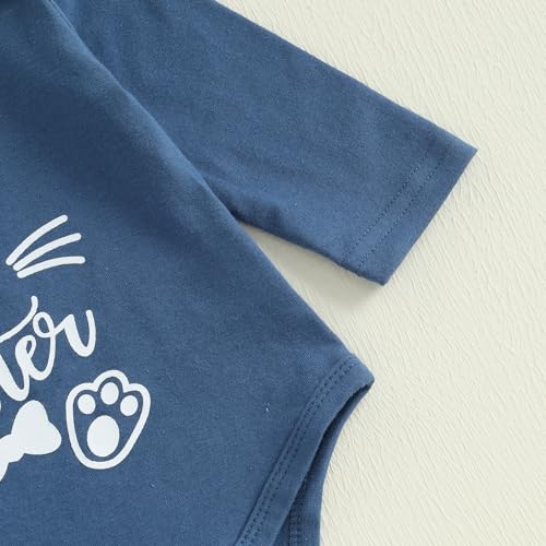 DNOMAID YZARC My First Easter Baby Boy Outfit Bunny Letter Print Long Sleeve Romper Suspender Pants Overalls Hat Clothes Set (Blue, 0-3 Months) - Image 5