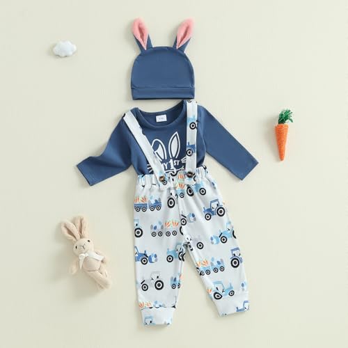 DNOMAID YZARC My First Easter Baby Boy Outfit Bunny Letter Print Long Sleeve Romper Suspender Pants Overalls Hat Clothes Set (Blue, 0-3 Months) - Image 2