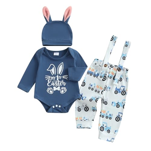DNOMAID YZARC My First Easter Baby Boy Outfit Bunny Letter Print Long Sleeve Romper Suspender Pants Overalls Hat Clothes Set (Blue, 0-3 Months) - Image 1