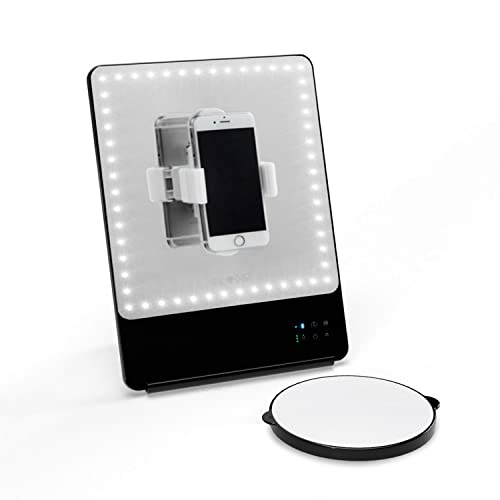 Glamcor Riki Skinny Vanity Makeup Mirror with Selfie Function and Magnification Mirror Attachment Black 5X Magnification