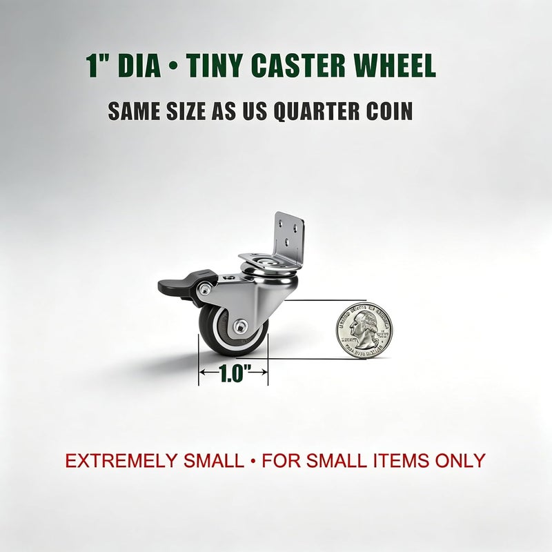 ZUOFANG 1 Inch Small Caster Wheels Set of 4, L-Bracket Casters Low Profile Side Mount Casters, Swivel Rubber Castors for Furniture, Underbed Drawer, DIY Project, Capacity Lbs: 96 Lbs (with 2 Brakes) - Image 2
