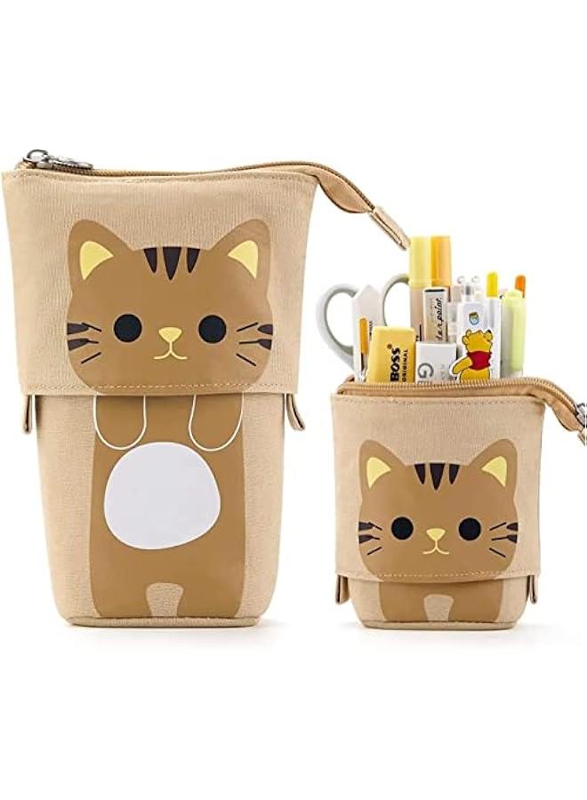 BWSJ Pencil Pouch Canvas Pen Bag Standing Statiry Case Holder Box, Cute Pencil Case Standing Telescopic Pen Holder College office Organizer for Student Brown - Image 1