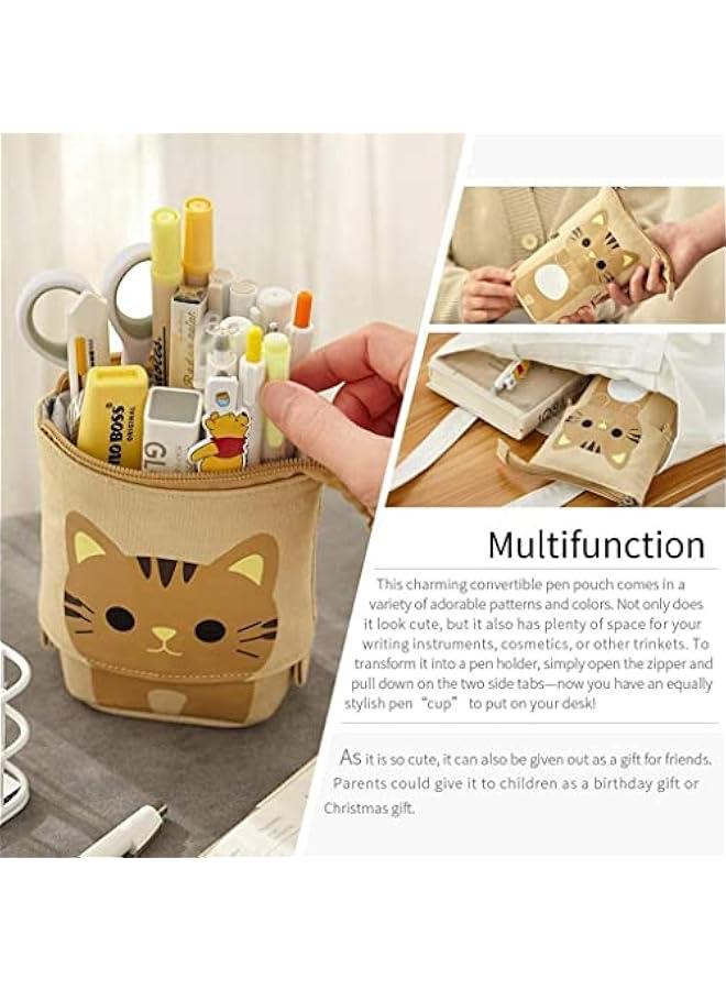 BWSJ Pencil Pouch Canvas Pen Bag Standing Statiry Case Holder Box, Cute Pencil Case Standing Telescopic Pen Holder College office Organizer for Student Brown - Image 2