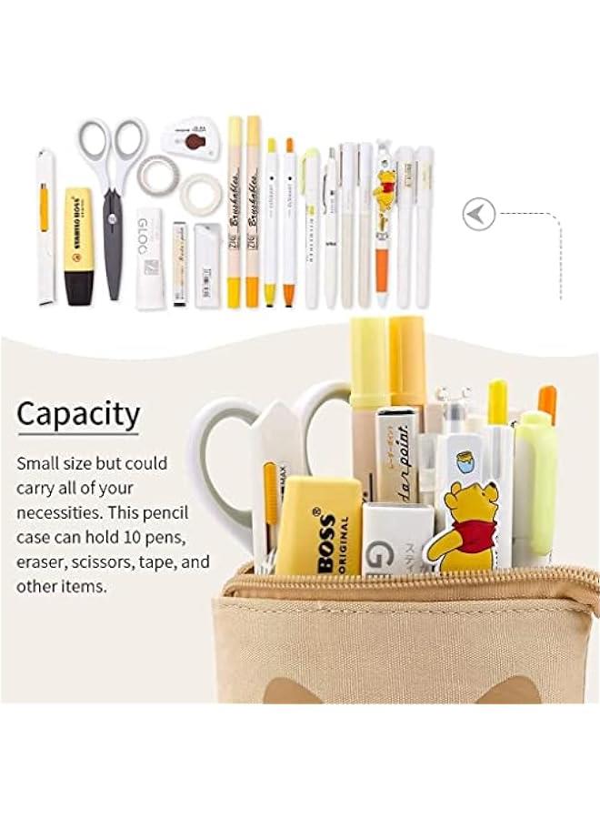 BWSJ Pencil Pouch Canvas Pen Bag Standing Statiry Case Holder Box, Cute Pencil Case Standing Telescopic Pen Holder College office Organizer for Student Brown - Image 3