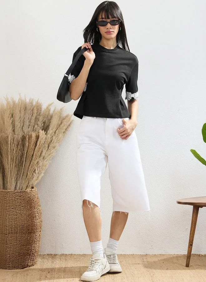 ذا سوليد ستور The Souled Store Women's Oversized Black T-Shirt with Embroidered Sleeves