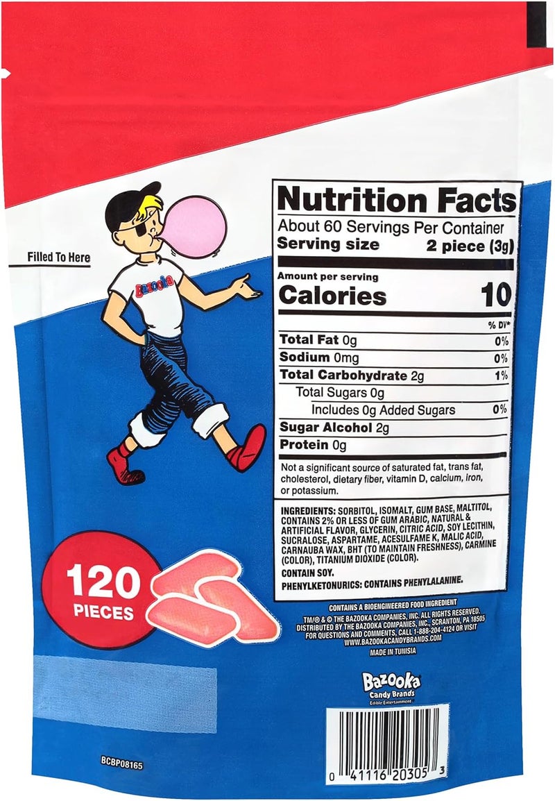 Bazooka Sugar-Free Bubble Gum Pellets in Resealable Bag - 120 Count Original Pink Flavor - Image 2