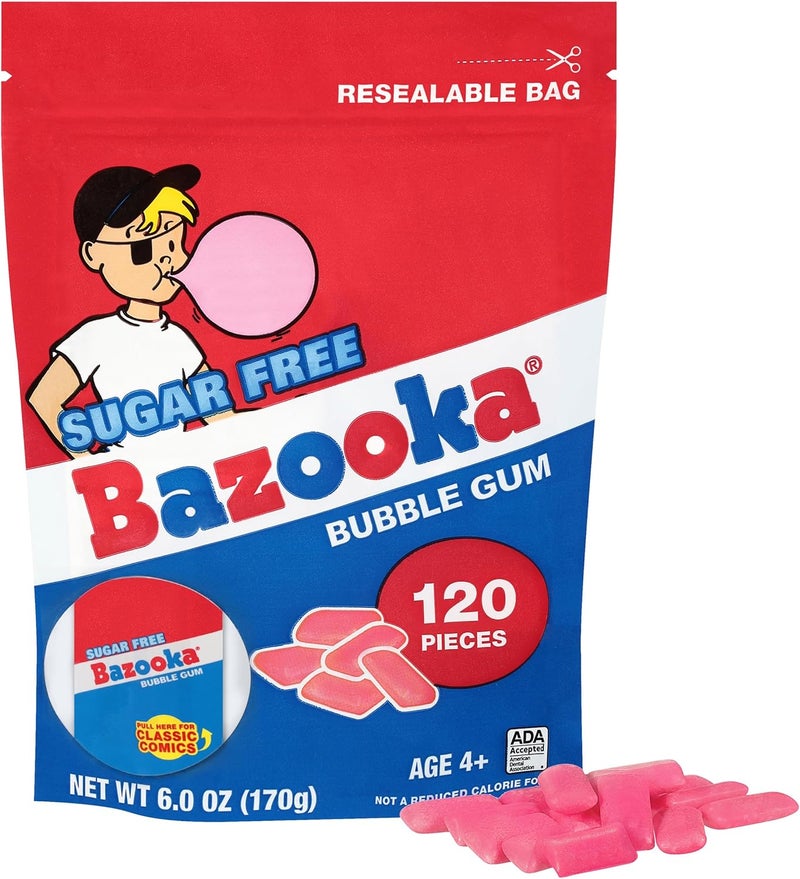 Bazooka Sugar-Free Bubble Gum Pellets in Resealable Bag - 120 Count Original Pink Flavor - Image 1