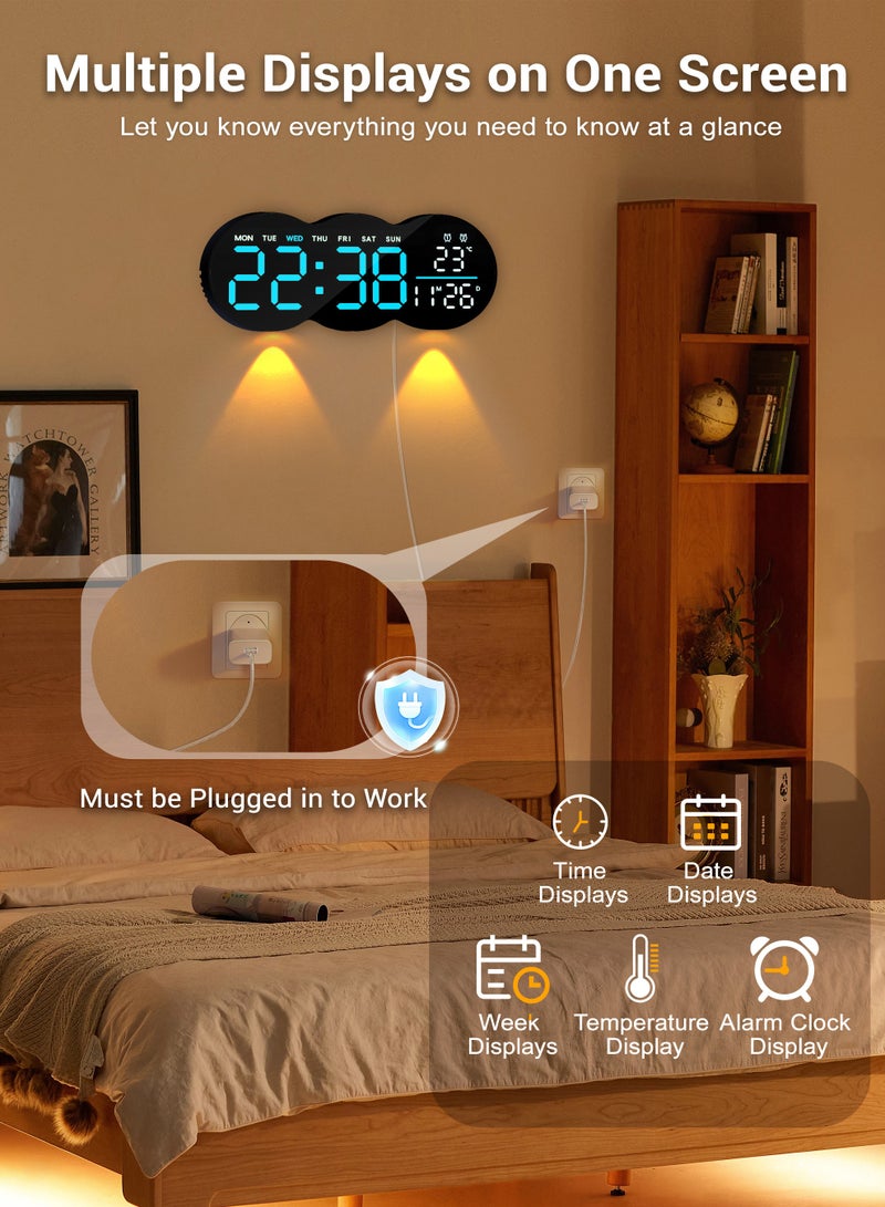 نكومي ساعة حائط رقمية، جهاز تحكم عن بعد، منبهان، شاشة LED، توقيت صيفي تلقائي، درجة حرارة، إضاءة ليلية لغرفة المعيشة، غرفة النوم، الدراسة، مثبتة أو قائمة، لابد من توصيله بالكهرباء لكي يعمل - Image 2