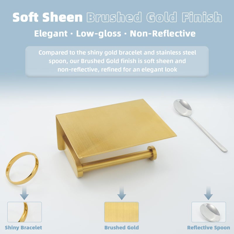 APLusee Brushed Gold Toilet Paper Holder with Shelf, 304 Stainless Steel Wall Mounted Compact Bathroom Tissue Hanger - Image 4