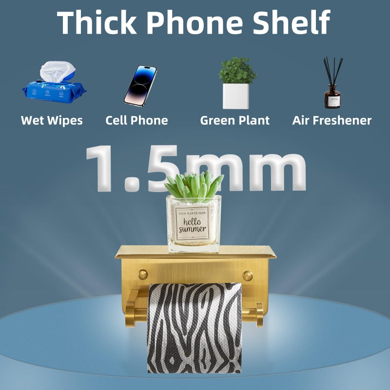 APLusee Brushed Gold Toilet Paper Holder with Shelf, 304 Stainless Steel Wall Mounted Compact Bathroom Tissue Hanger - Image 5