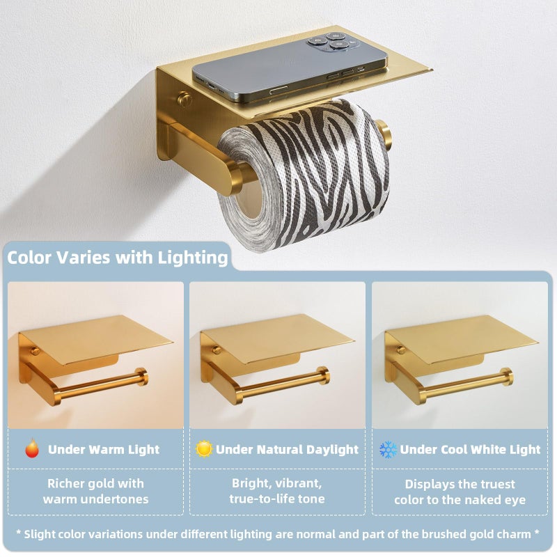 APLusee Brushed Gold Toilet Paper Holder with Shelf, 304 Stainless Steel Wall Mounted Compact Bathroom Tissue Hanger - Image 3