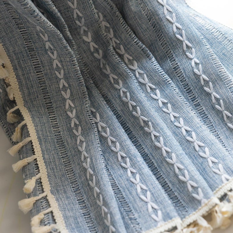 Deeprove الستائر Deeprove Blue Boho الستائر الكتان 72 بوصة طول لغرفة نوم غرفة المعيشة تناول الطعام في الحضانة خزانة الدنيم جان نصف الستائر الشفافة الداكنة معالجة نافذة الستارة التطريز 1 لوحة W52 X L72 - Image 4