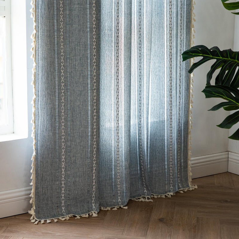 Deeprove الستائر Deeprove Blue Boho الستائر الكتان 72 بوصة طول لغرفة نوم غرفة المعيشة تناول الطعام في الحضانة خزانة الدنيم جان نصف الستائر الشفافة الداكنة معالجة نافذة الستارة التطريز 1 لوحة W52 X L72 - Image 5