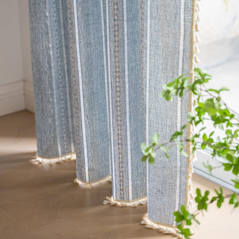 Deeprove الستائر Deeprove Blue Boho الستائر الكتان 72 بوصة طول لغرفة نوم غرفة المعيشة تناول الطعام في الحضانة خزانة الدنيم جان نصف الستائر الشفافة الداكنة معالجة نافذة الستارة التطريز 1 لوحة W52 X L72 - Image 3