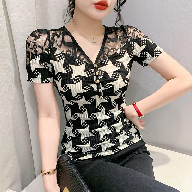 Of 2024 T-Shirt Original Design V Neck Mature Women'S Lace Splicing Short-Sleeved Women'S Fashion Shirt - Image 2