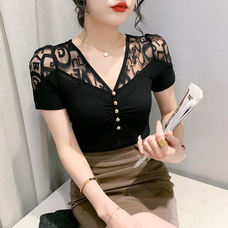 Of 2024 T-Shirt Original Design V Neck Mature Women'S Lace Splicing Short-Sleeved Women'S Fashion Shirt - Image 4