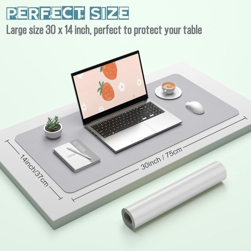 Hsurbtra Desk Pad, 30" x 14" Dual Side PU Leather Desk Mat, Waterproof Non-Slip Desktop Blotter Protector, Large Mouse Pad for Laptop Keyboard Office Home, Gray and Gold - Image 2