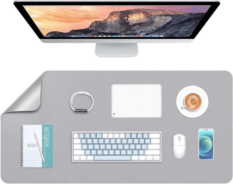Hsurbtra Desk Pad, 30" x 14" Dual Side PU Leather Desk Mat, Waterproof Non-Slip Desktop Blotter Protector, Large Mouse Pad for Laptop Keyboard Office Home, Gray and Gold - Image 1