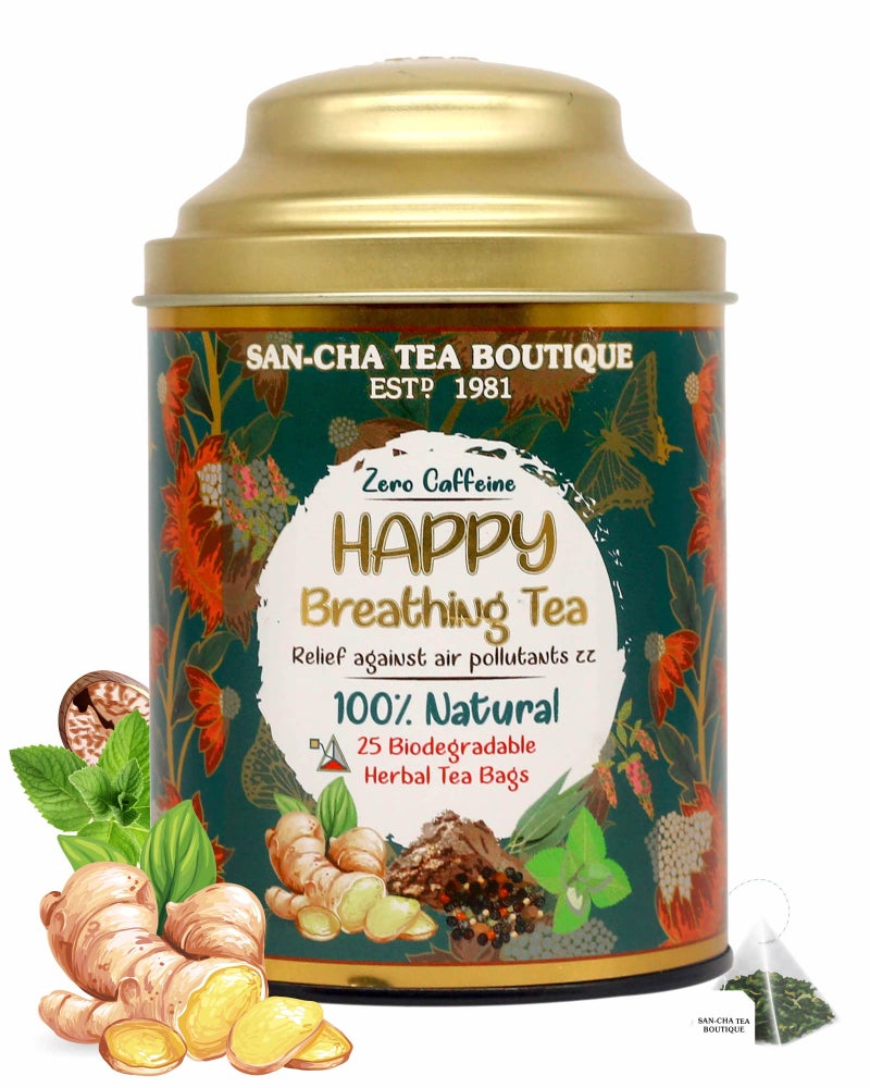 SAN-CHA Sancha Tea Boutique, Happy Breathing Herbal Tea, 25 Pyramid Tea Bags | Ayurvedic Decongestant Blend with Eucalyptus, Bael & Long Pepper | Caffeine-Free Wellness Tea in Double Lid Tin Caddy - Image 5