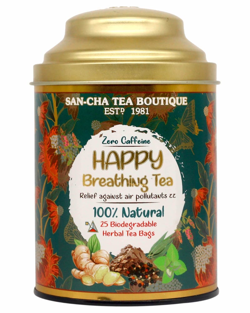 SAN-CHA Sancha Tea Boutique, Happy Breathing Herbal Tea, 25 Pyramid Tea Bags | Ayurvedic Decongestant Blend with Eucalyptus, Bael & Long Pepper | Caffeine-Free Wellness Tea in Double Lid Tin Caddy - Image 1
