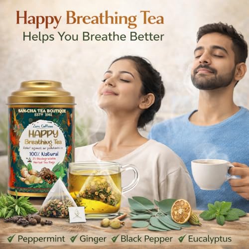 SAN-CHA Sancha Tea Boutique, Happy Breathing Herbal Tea, 25 Pyramid Tea Bags | Ayurvedic Decongestant Blend with Eucalyptus, Bael & Long Pepper | Caffeine-Free Wellness Tea in Double Lid Tin Caddy - Image 4