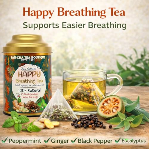 SAN-CHA Sancha Tea Boutique, Happy Breathing Herbal Tea, 25 Pyramid Tea Bags | Ayurvedic Decongestant Blend with Eucalyptus, Bael & Long Pepper | Caffeine-Free Wellness Tea in Double Lid Tin Caddy - Image 2