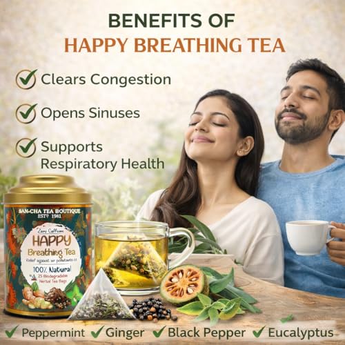 SAN-CHA Sancha Tea Boutique, Happy Breathing Herbal Tea, 25 Pyramid Tea Bags | Ayurvedic Decongestant Blend with Eucalyptus, Bael & Long Pepper | Caffeine-Free Wellness Tea in Double Lid Tin Caddy - Image 3